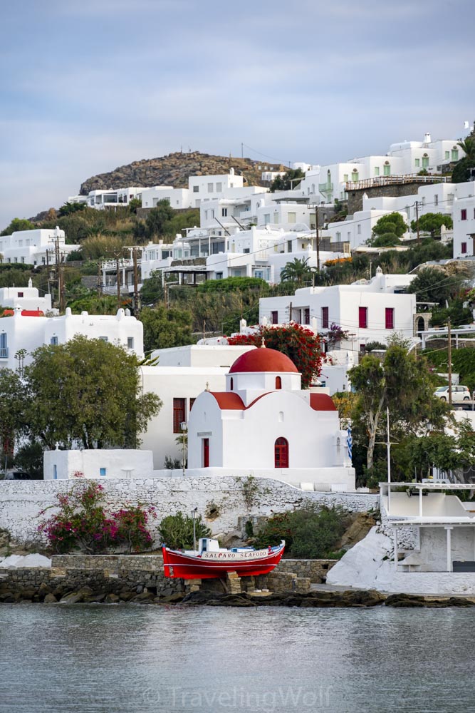 mykonos red boat church cyclades greece